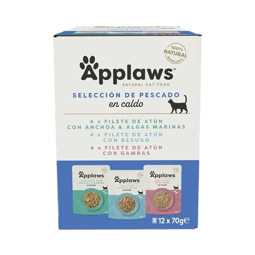 Applaws Comida Húmeda para Gatos 100% Natural Multipack de Selección de Pescado en Caldo para Gatos Adultos - 12 Sobres de 70g