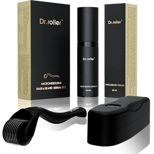 Dr.roller Kit de Crecimiento de la Cabello Barba, Derma Roller 0,5mm, Serum para el Crecimiento del Cabello, Microneedling Derma Roller Para el Crecimiento del Pelo Barba