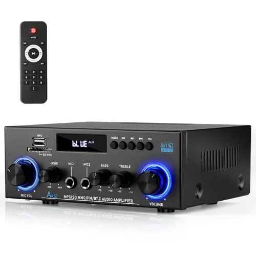 Romicta AK50 Amplificador de Audio Estéreo 800W, Bluetooth 5.0, 2 Canales, con Radio FM, USB, SD, Echo, Micrófono input y Control Remoto, para Cine en Casa
