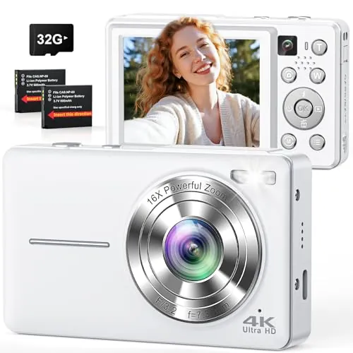 Cámara Digital 4K 64MP, Doble cámara con Enfoque automático, Flash, Zoom 16X, estabilización, Tarjeta de 32 GB, Cámara de Fotos compacta para niños, Adolescentes, Adultos y Principiantes (Blanco)