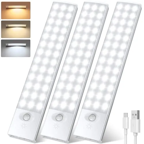 YOOKESEN Luz Led con Sensor de Movimiento 78 LEDs 1500mAH, 23CM Adhesiva USB-C Recargable Luz con Sensor de Movimiento 3000K-6500K 4 Modos Para Armario, Garaje, Cocina, Muebles, Pasillo-3 Piezas