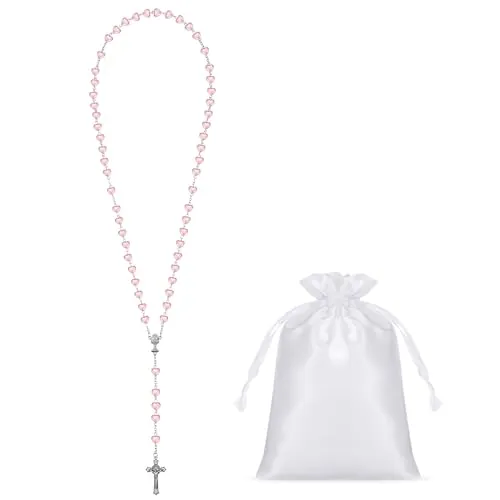 Sinmoe Set de 3 Rosario Corazón Primera Comunión con Tarjetas de Primera Comunión y Bolsa con Cordón Collar Rosario Metálico Collar de Cruz de Perlas Católicas para Niñas Niños Regalo Bautizo (Rosa)