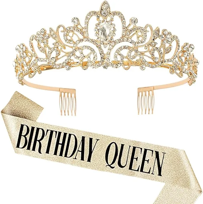 DRESHOW Corona y Fajín de Cumpleaños para Mujer Fajín de Reina de Cumpleaños y Tiara de Strass Set Tiaras y Fajines de Cumpleaños para Niñas Decoraciones de Cumpleaños Accesorios para el Pelo
