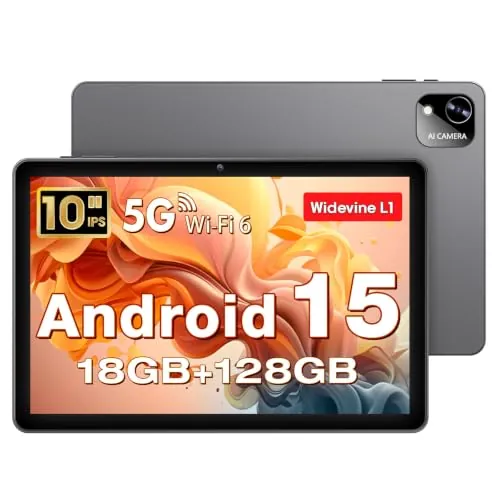Tablet 10 Pulgadas, Tableta Android 15 con Funda, Unisoc T30 Quad-Core, 18 GB RAM + 128 GB ROM + 1 TB TF, Pantalla HD IPS 1280x800, Cámara Dual 5MP + 8MP, 6000 mAh, WiFi 6, BT 5.0, Widevine L1 (K302)