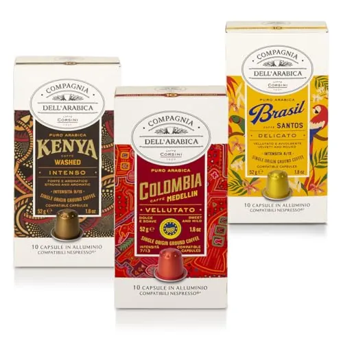 Caffè Corsini - Set de Cápsulas de Café Compatibles con Nespresso Aromas Envolventes Sabores Aterciopelados, 100% Arábica, Kenia, Brasil, Colombia, 3 Paquetes de 10 Cápsulas (Total 30 Cápsulas)