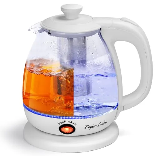Taylor Swoden Hervidor de cristal de 1 litro, 2200W, Hervidor de agua eléctrico con iluminación LED libre de BPA, función mantener caliente, con infusor y filtro extraíble, Blanco (Vanilla/03NOT)