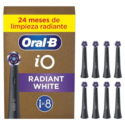 Oral-B iO Radiant White Cabezales de Recambio Originales, Negros, Pack de 8 - Recambios para Cepillos de Dientes Eléctricos Oral B iO, Blanqueamiento Dental, Eliminación de Manchas Y Placa Bacteriana
