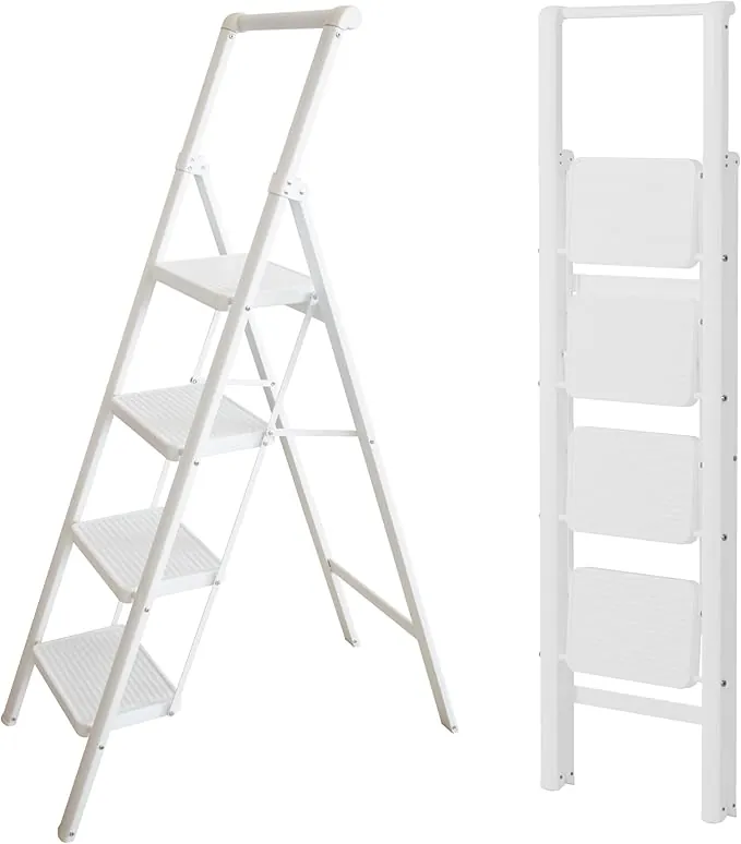 Escalera Plegable 4 peldaños Blanca, Ligera y compacta 5 cm, peldaños Anchos Antideslizantes, EN 131