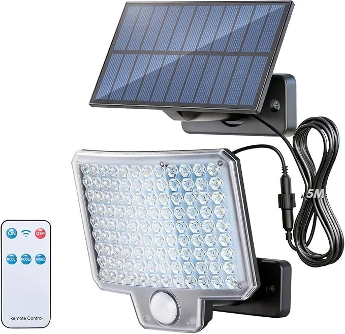 GRIFEMA GD201 Luz Solar Exterior con Sensor de Movimiento, [108 LEDs/ 3 Modos/ 1500mAH], Foco Solar Exterior con Control Remoto, IP65 Impermeable para Jardín, Garajes