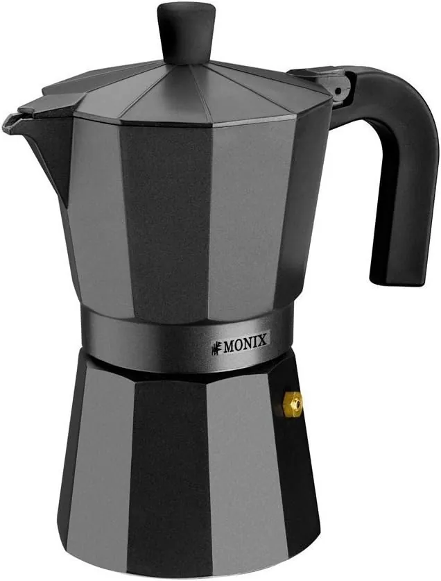 Monix Vitro Noir | Cafetera Italiana de Aluminio 12 Tazas, Apta para Vitrocerámica, Gas y Eléctrica, NO Apta para Inducción, Mango Termoresistente