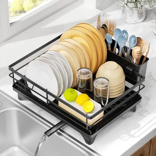 LIONONLY Escurreplatos Que Ahorra Espacio, Escurridor de Platos Escurreplatos de Acero Inoxidable escurreplatos sobre Fregadero Escurridor de Platos con Drenaje Automático