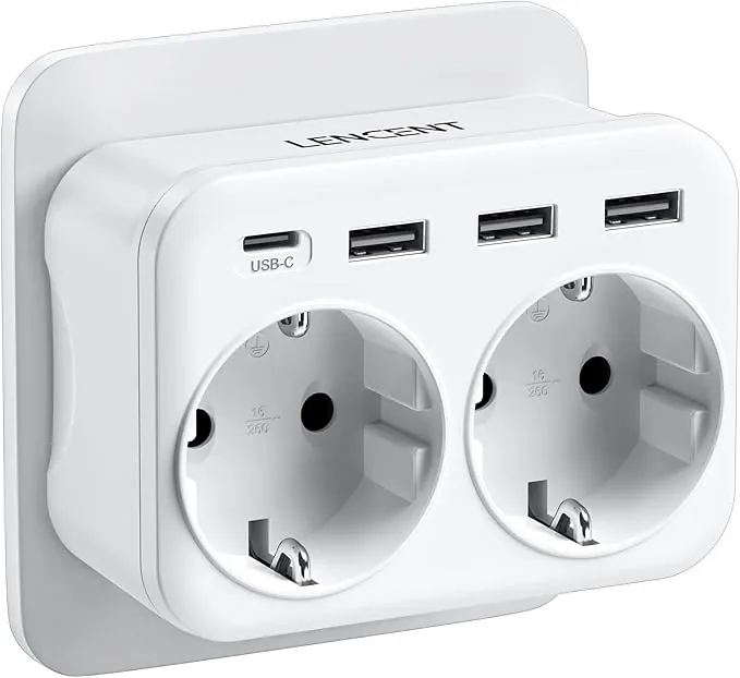 LENCENT Ladron Enchufe USB 4000W, Enchufes 6 en 1, 2 Tomas de CA, 3 USB y 1 Tipo C, Ladron Enchufe Multiple Pared con USB, Cargador Tipo-C de Móvil, Adecuedo Familia, Cocina y Oficina