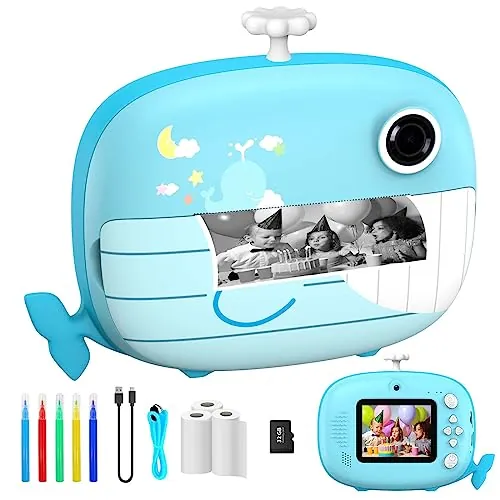 Ushining Camara Fotos Infantil Instantanea, 10X Zoom 1080P Videocámara Cámara Instantánea Niños con Pantalla de 2,4 Pulgadas Papel de Impresión y Tarjeta TF de 32GB, Regalos para Niños y Niñas, Azul