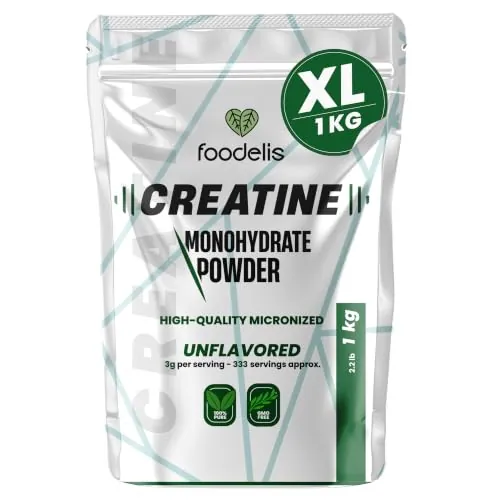 Foodelis Creatina Monohidratada 1 kg en Polvo, 333 Dosis de 3 g, Sin Sabor | Micronizada 200 Mesh · Sin Aditivos · Con Dosificador