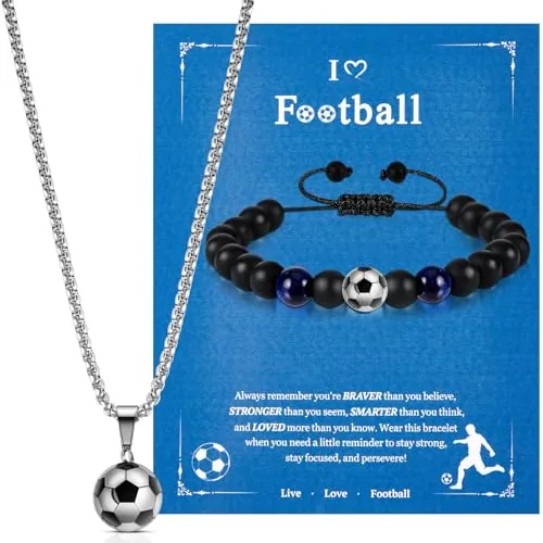 Otuuz 2 Joyas de Fútbol para Niños Incluye Colgante con Balón de Fútbol Collar con Cadena de Fútbol Pulsera con Tarjeta de Fútbol Regalo de Joyería para Amantes de Fútbol Adolescentes (Fresco)
