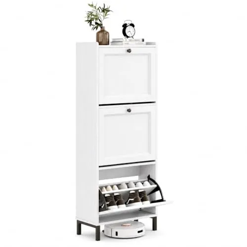 Blishom Armario Estrecho para Zapatos, Mueble Zapatero con 3 Puertas Abatibles con Estantes Ajustables, para 12-18 Pares, para Entrada o Espacios Pequeños, 50x24x130 cm, Blanco