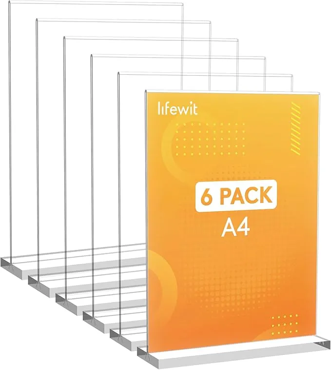 Lifewit 6 Pack A4 Soporte Acrílico para Carteles, Soporte Vertical Transparente de Doble Cara, Marco de Fotos de Plástico, Pantalla de Papel para Recepción, Oficina, Restaurante, Hotel, 30 x 21 cm