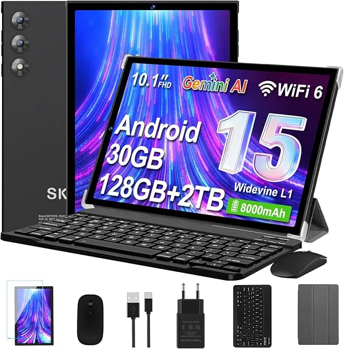 Tablet 10 Pulgadas Android 15 con Gemini AI, 30GB RAM + 128GB ROM Ampliable 2TB, Octa-Core, WiFi 6, Widevine L1, Batería 8000mAh, Cámara 8/5 MP, Teclado, Ratón y Funda, Cuerpo Metálico - Negro