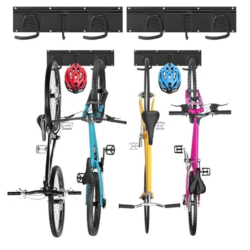 Sinoer Soporte de pared para bicicletas, soporte mural para 4 bicicletas + 2 cascos, colgador de pared resistente para bicicletas, gancho de acero macizo, 2 raíles de 16 pulgadas