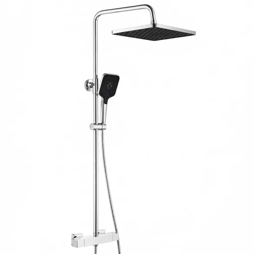 Auralum Columna Ducha Termostática,Duchas de baño con Grifo Ducha,Cabezal de Ducha Lluvia (30×19CM),Alcachofa de Ducha con 3 Modo y Barra de Ducha Altura Regulable,Cromado