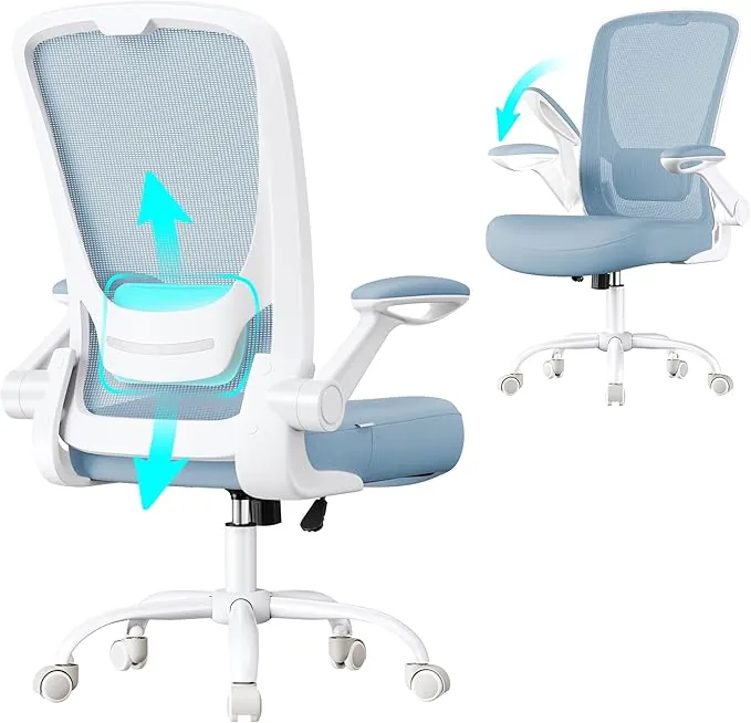 SONGMICS Silla de Oficina, Silla de Escritorio de Malla, Silla Giratoria Ergonómica, Soporte Lumbar, Oscilante, Asiento de 53 cm, Apoyabrazos Abatibles, Azul Niebla OBN037Q01