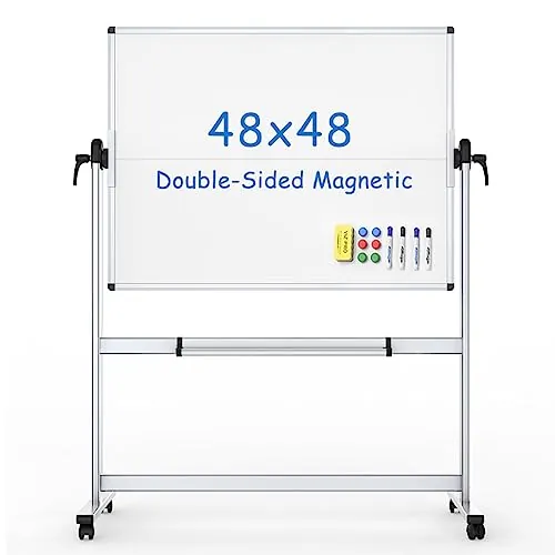 VIZ-PRO Pizarra blanca móvil magnética de doble cara 120x120 cm, con ruedas y marco de aluminio, para oficina y aula
