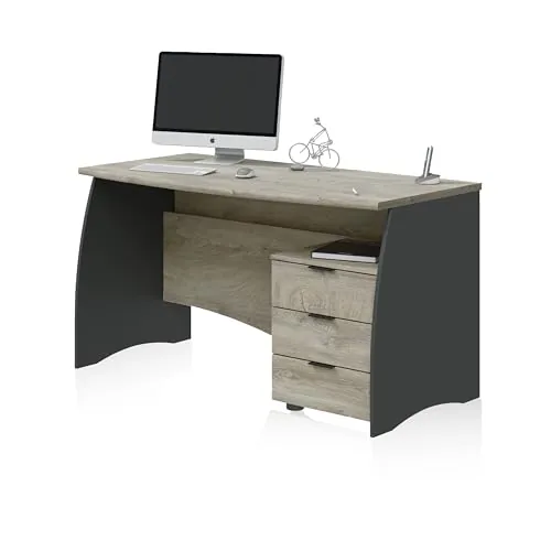 duehome | Mesa de Despacho con 3 Cajones, Mesa de Oficina o Estudio, Modelo Elan, Acabado en Gris Antracita y Roble Alaska, Medidas: 136 cm (Ancho) x 67 cm (Fondo) x 74 cm (Alto)