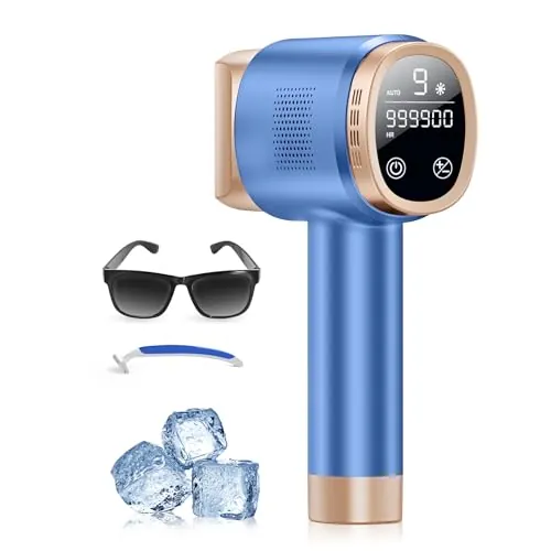 21J Depiladora Laser con Función de Refrigeración, 600-1200NM Depiladora Luz Pulsada con 9 Niveles de Energía, Pantalla Táctil LCD para Mujer y Hombre, Bikini, Axilas, Cara, Cuerpo Azul