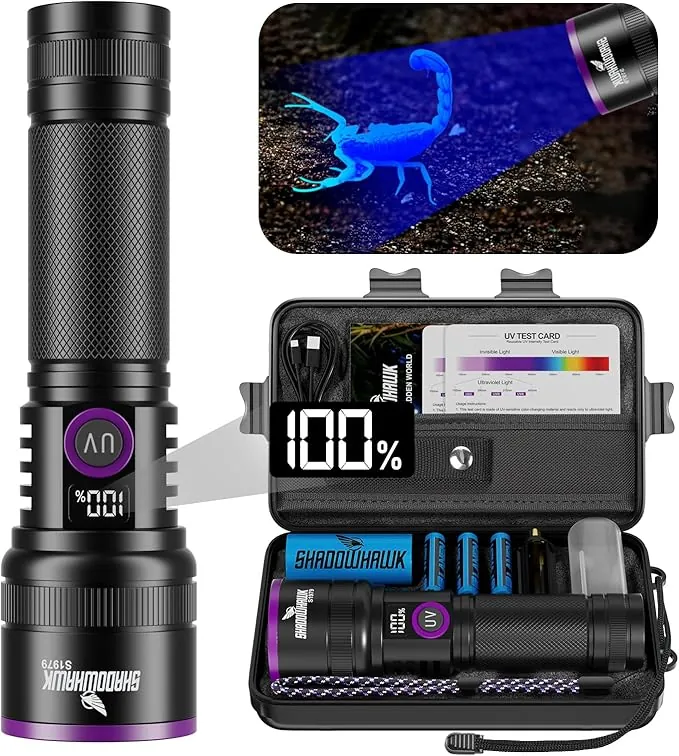 Shadowhawk 365nm Linterna Ultravioleta Con Lente De Filtro - 30W De 4 Núcleos Linterna UV Potente Recargable para la detección de orina de mascotas/curado de resina/rocas/escorpión, etc., Pantalla LCD
