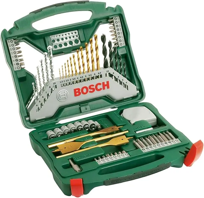 Bosch 70 uds. Set de brocas y puntas de atornillar X-Line de titanio (para madera, mampostería y metal, incluye cinta métrica y brocas fresadoras planas, accesorios para taladro y destornillador)