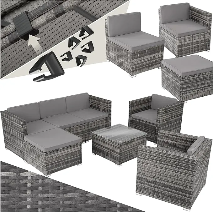 tectake® Conjunto Jardín Combinable en Ratán y Acero de 7 plazas, Conjunto Terraza Resistente a la Intemperie, Muebles Jardín Exterior 5 Sillones, 1 Mesa Cristal, 1 Taburete, Fundas Extraíbles - Gris
