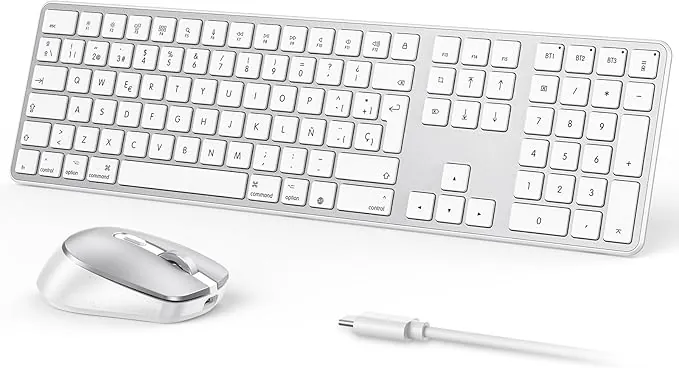 OMOTON inalámbrico Bluetooth Teclado y ratón para Mac (MacBook Air/MacBook Pro/iMac/iMac Pro),Teclado y ratón USB Recargables para Mac OS, con 3 Canales Bluetooth, Escritura silenciosa, Plateado