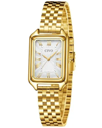CIVO Reloj Mujer Dorado Vintage: 32mm Caja Rectangular con Números Romanos - Relojes de Pulsera Acero Inoxidable Analogico de Cuarzo para Mujeres Regalo Aniversario