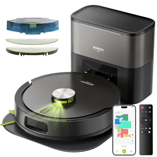 MONSGA Robot Aspirador y Fregasuelos 3 en 1 8000PA,Robot Aspirador Doble Sistema Antienredos, Obstacle Avoidance, 90 Día Self-Emptying, LiDAR Navegación, Control por App, 5 Mapas