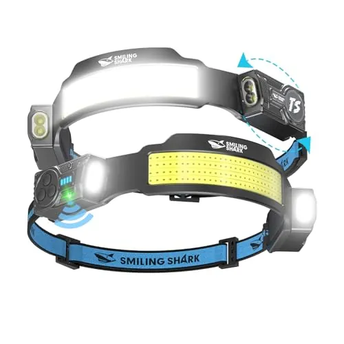 Smiling Shark Linterna Frontal, 2 Piezas Brillante Linternas Cabeza LED Recargable con 4 Haz Ancho & Foco Ajustable Sensor de Movimiento 5 Modos 2400 mAh Lámpara Cabeza para Ciclismo Pesca Camping