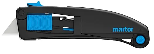 MARTOR SECUPRO MAXISAFE Cúter de Seguridad, Retracción, Cúter Profesional | Diestros & zurdos, deslizador 3 lados, mango plástico, hoja trapezoidal, retracción autom. No. 10139910.02