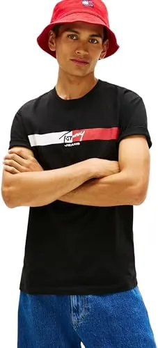 Tommy Jeans Camiseta de Manga Corta Hombre Signature Stripe de algodón, Negro (Black), XXL