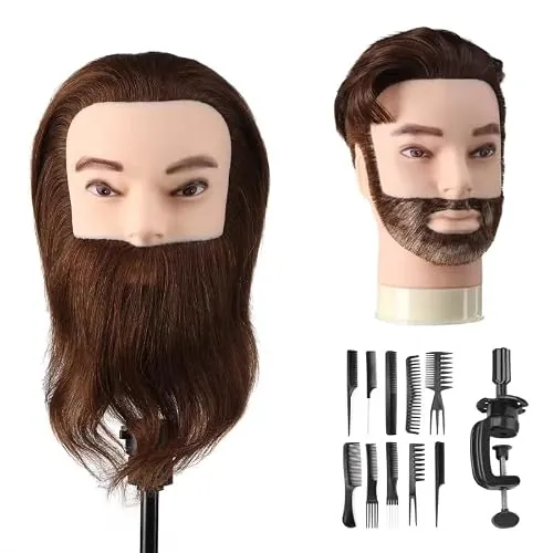 Cabeza de peluquería para hombre 100% cabello humano cabeza de entrenamiento maniquí para estudio profesional en la Cosmetología con soporte