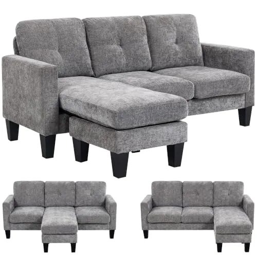 HOMCOM Sofá Chaise Longue Reversible Forma L de Chenilla 186 cm Gris Oscuro