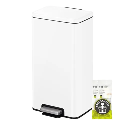 EKO Madison Cubo de Basura Cocina 30L con Pedal y Tapa de Cierre Suave | Blanco Acero Inox Antihuella | Papelera Moderna y Robusta | Gran Capacidad para Reciclaje