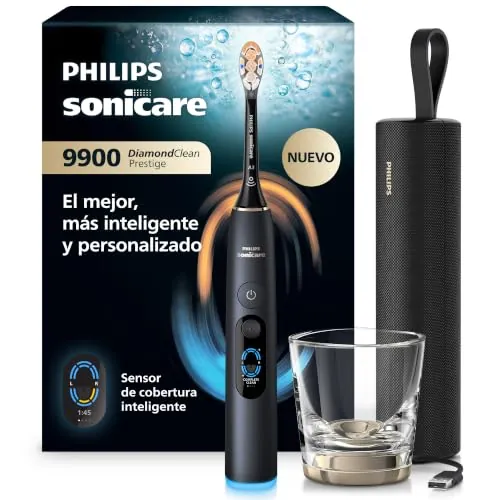 Philips Sonicare Next-Generation DiamondClean 9900 Prestige Cepillo de dientes eléctrico - con SenseIQ, Smart Coverage Feedback, Smart Pressure Feedback y 24 ajustes, negro cuarzo, HX9813/92