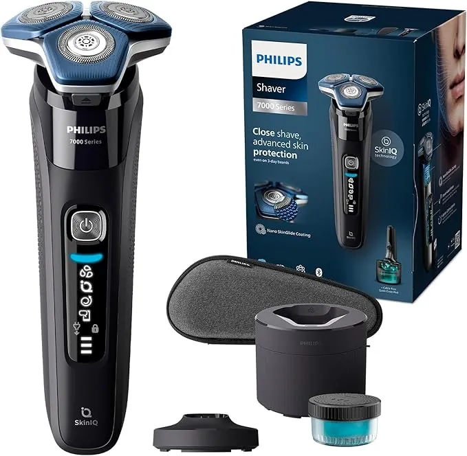 Philips Serie 7000 Afeitadora Eléctrica Hombre, Máquina de Afeitar Barba con Recortadora, 45 cuchillas, 60min de uso, En Seco y Húmedo, Recargable, Centro de Limpieza, Base Carga, S7886/55, Negro