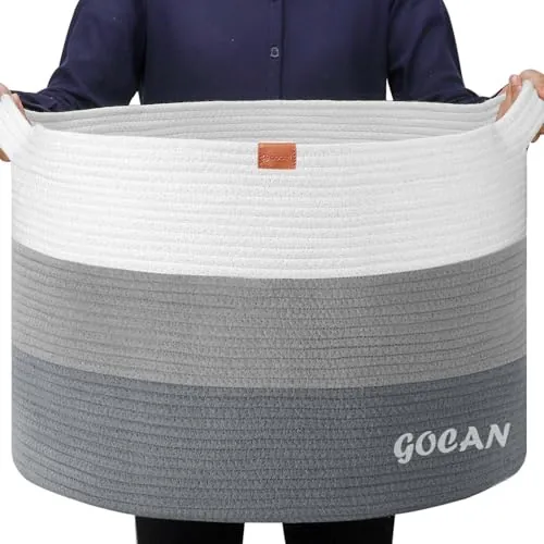GOCAN Cesta de lavandería de cuerda grande XXXL de 55 x 35 cm de diámetro x 35 cm de alto, cesta de almacenamiento con asas para perros, cesta de juguetes para perros, cestas de lavandería para