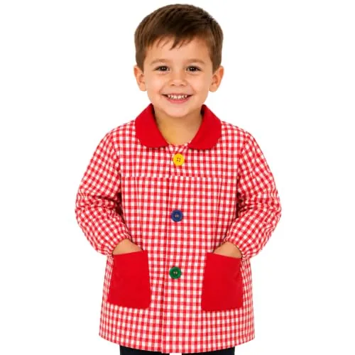 HOMYBABY® Babi escolar infantil para guarderia y colegio con botones - Bata escolar para niño o niña - Baby escolar infantil fácil de poner y quitar con bolsillos y puños cerrados (Red, Size 1)