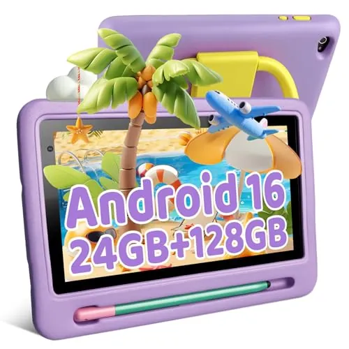 Tableta infantil Android 16, 24GB + 128GB + 1TB ampliable, tableta para niños, control parental, Wi-Fi 6, Bluetooth 5.3, Widevine L1, tableta Android de 7 pulgadas con funda protectora (morado)