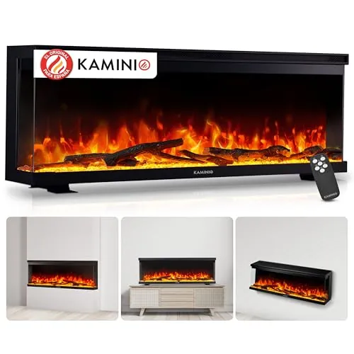 KAMINIO Eléctrica Chimenea Lea - Chimenea eléctrica 3 en 1 con Vista panorámica, calefacción, Efecto de Llama 3D, 12 Colores de Llama (50 Pulgada)