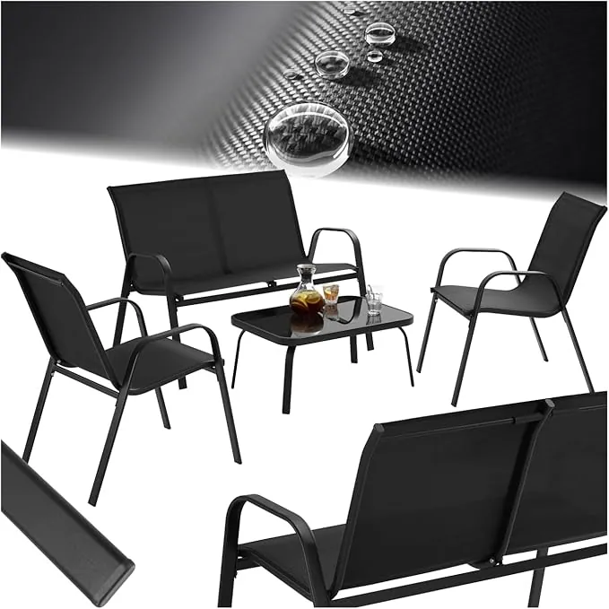 tectake® Conjunto Jardin Exterior para 4 Personas, Mesa con Vidrio de Seguridad, Muebles Jardin Exterior con Estructura de Acero, Muebles Terraza y Sofa Terraza - Negro