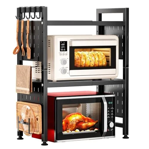 SAYZH Soporte Microondas Extensible, 3 Niveles estante microondas con 10 Ganchos, Soporte Para Microondas Para Encimera de Cocina, 40-70 cm, Negro