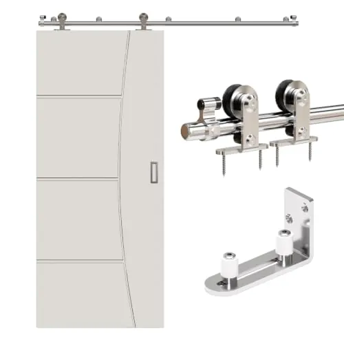 ETIASQSA Juego completo de sistema de puerta corredera con carril de 200 cm/6.6 pies, herrajes de puerta corredera de acero inoxidable con guía de suelo para 1 puerta de madera (Forma T)