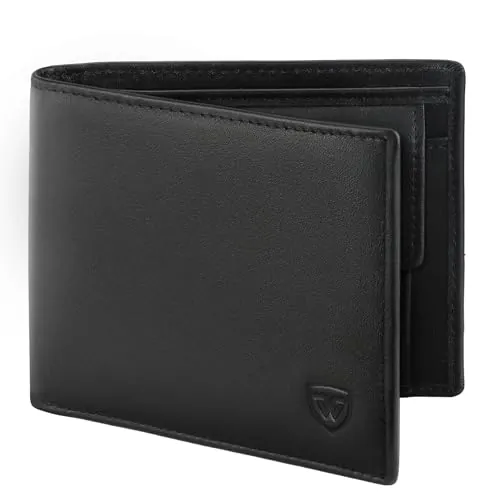 WONSEFOO Carteras Hombre, Billetera Bifold Delgada con RFID, 10 Ranuras para Tarjetas (Incluye ID), Ranuras para Billetes, Bolsillo para Monedas, Caja de Regalo (Negro)